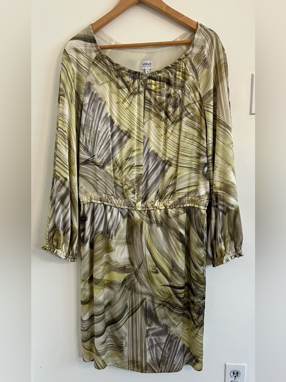 Armani Collezioni Olive and Gray Brushstroke Long Sleeve Midi Dress